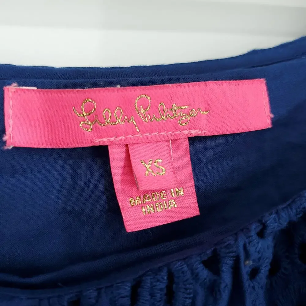 Lilly Pulitzer Kerrigan Elbow Sleeve Funflower Navy Eyelet Top Size XS